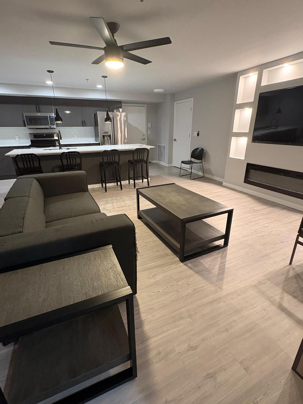 Spotless finished living room and kitchen after professional cleaning