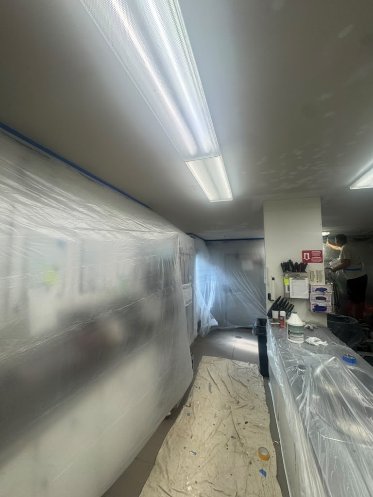 Commercial kitchen prepped and taped for painting